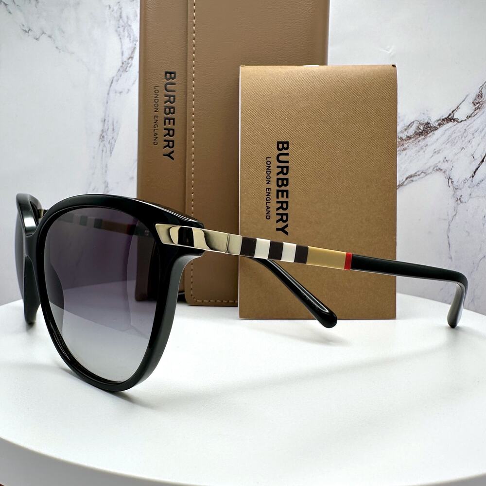 New Burberry Sunglasses Black Cat Eye Check Arms Gold Hardware Womens BURBERRY - Picture 15 of 16